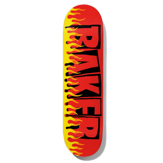 Baker T-Funk Flames Skateboard Deck; Red background; Black and red lettering spells out “Baker” in classic Baker logo of red letters framed in black rectangles; Graphic illustration of yellow and orange flames all along the foreground of the bottom of the lettering