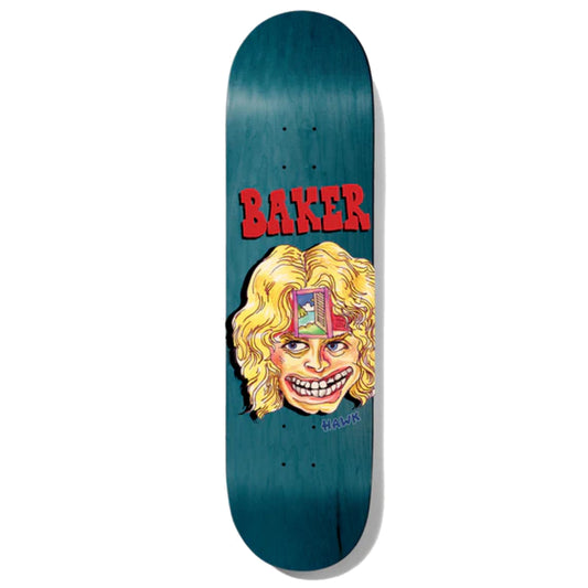 Baker Riley Dome Door Skateboard Deck; Teal-blue background with horizontal red text spelling out "Baker"; Multicolor illustrated graphic features human face/head with blonde hair and open door in middle of forehead revealing an ocean landscape; Blue text spells out “Hawk” below graphic illustration