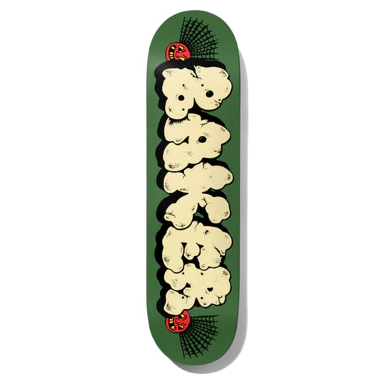 Baker Rowan Bubble Jolly Skateboard Deck; Forest green background with ivory text spelling out "Baker" in big bubble letters; Lettering has illustrated red smiley faces and cobwebs on both sides