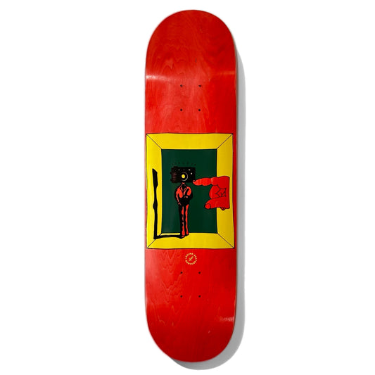 Losing Camera Man Skateboard Deck; Red background; Illustrated multicolored (red, black, yellow, green) graphic features person in a shadow box with camera instead of head and a larger human hand coming through the wall of the box