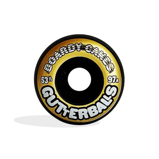 Face view; Boardy Cakes Gutterballs Skateboard Wheels; Black wheels with a goldish yellow side print; Features the word "Gutterballs" in bold letters;