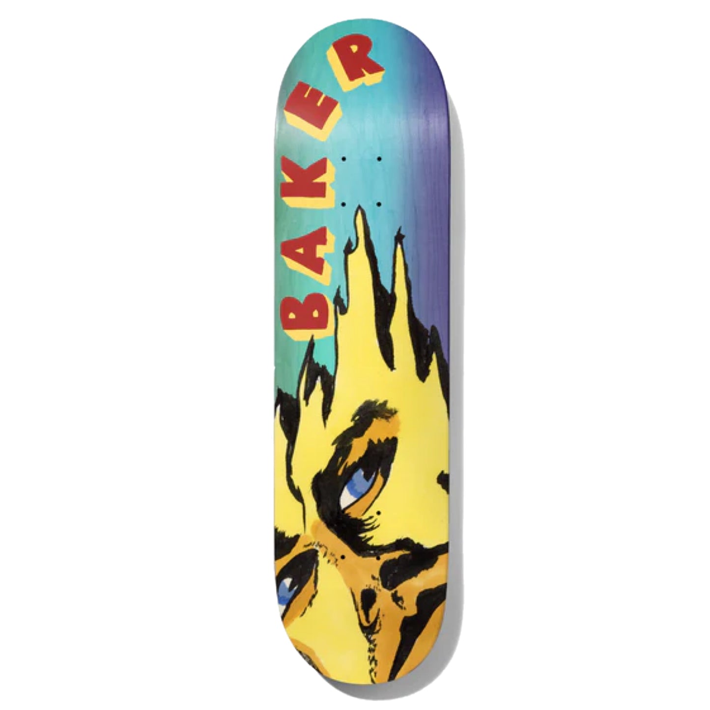 Baker Rowan Dripping Skateboard Deck; Various shades of blue compose background; Red and yellow text spelling out "Baker" in 3d lettering style; Illustrated graphic features abstract yellow human face