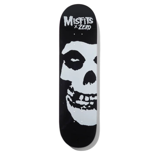 Zero Misfits Big Fiend Skateboard Deck; Black Deck with text reading “MISFITS x Zero” at the top; large MISFITS skull logo graphic in center