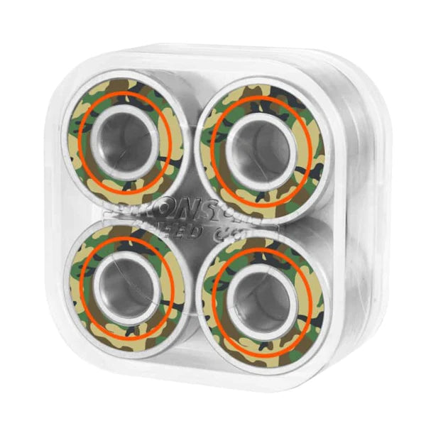 Bronson Speed Co. G3 David Gravette Pro Skateboard Bearings; High-quality bearings designed in collaboration with David Gravette; View through clear packaging that shows camouflage bearing sheild with orangs stripe;