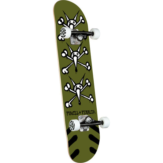 Powell Vato Rats Complete Skateboard; Olive Green color for a bold appearance; Features the classic Powell rat and crossbones logo; Complete skateboard setup for easy and immediate use;