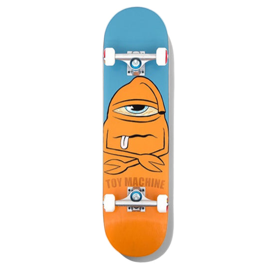 Toy Machine Bored Sect Complete Skateboard; complete skateboard with blue background and illustrated graphic of Sect Guy logo, an orange creature with one eye sticking out tongue; lettering spells out “Toy Machine”; silver tone trucks and white wheels