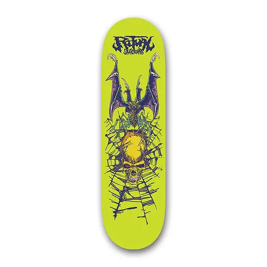 Ritual Batmantis Skateboard Deck; Lime green background; Purple lettering spells out “Ritual Skateboards” ; Illustrated multicolored graphic features skull, cobwebs, and bat creature