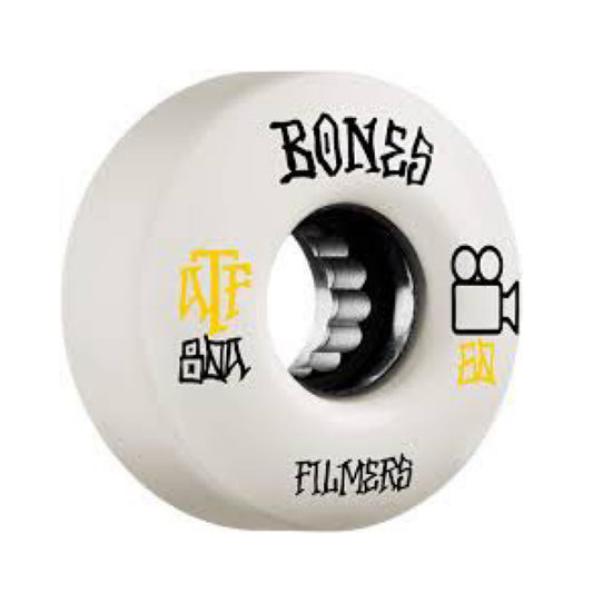 Bones ATF Filmers Skateboard Wheels; White wheels with a black core for a sleek and contrasting look; Side print graphic featuring the Bones logo and black camera outline design; Durable construction for reliable performance on various terrains; ATF formula provides a smooth and comfortable ride;
