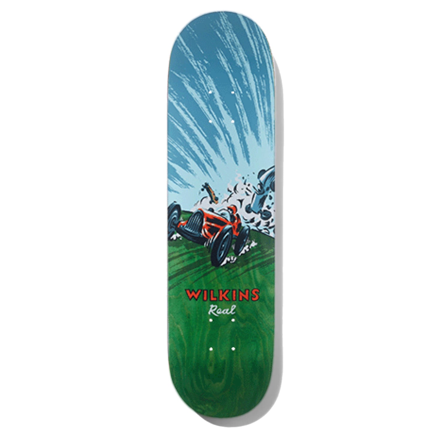Jimmy Wilkins Pro Model Skateboard Deck; Blue sky; Illustrated old style cars racing; car crashing in background; green grass in bottom half of graphic