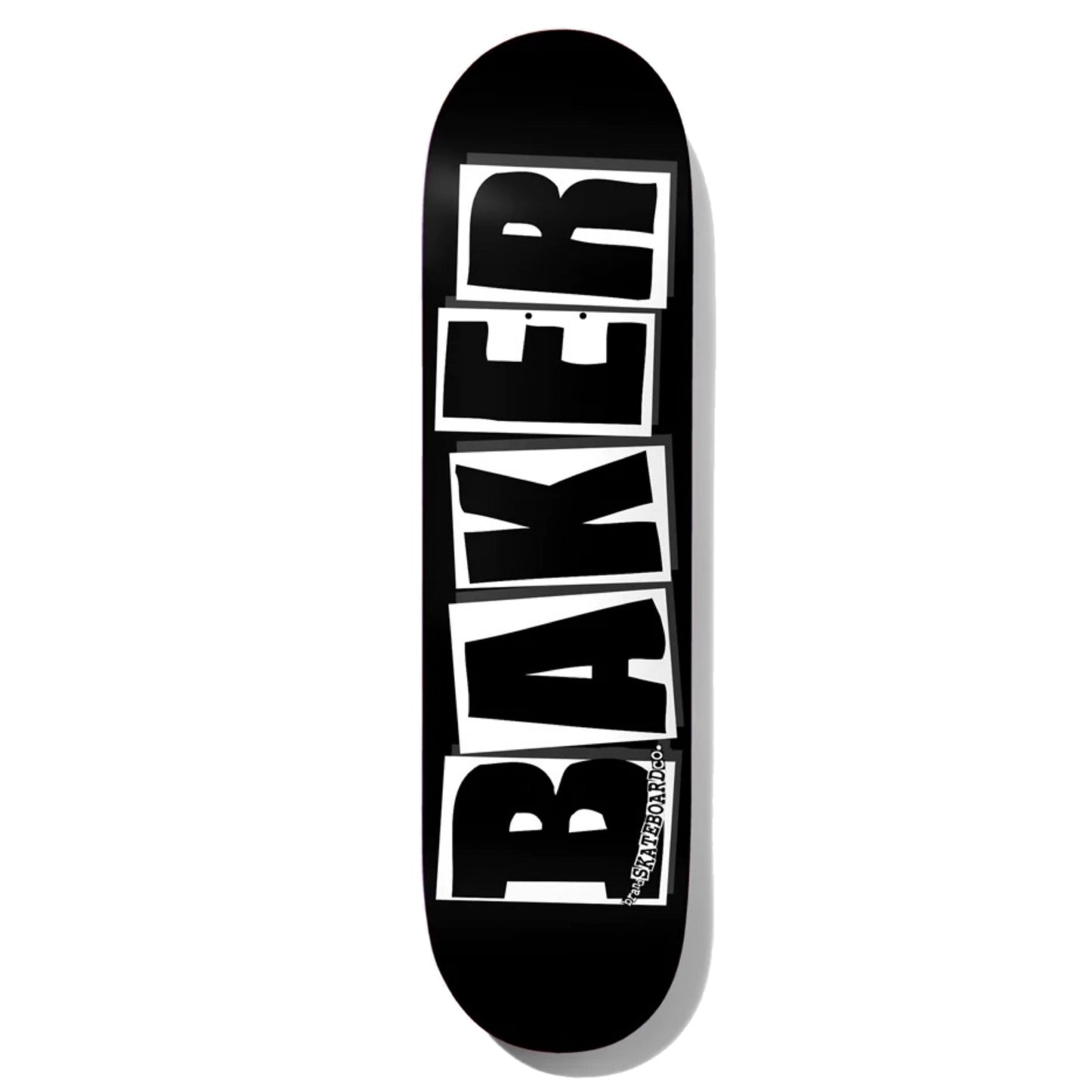Baker Team Logo Black/White Skateboard Deck; Black background; Lettering spells out “Baker” in classic Baker logo which consists of black letters framed in white rectangles; smaller white and black text spells out “brand Skateboard Co.”
