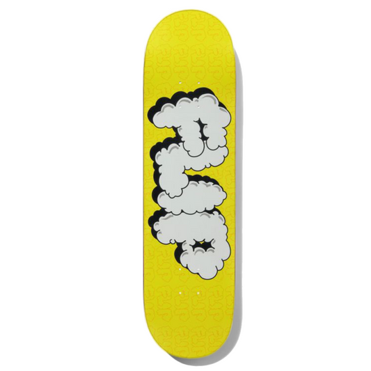 Yellow FLIP skateboard deck with white fluffy smoke style letters that spell "FLIP"; 