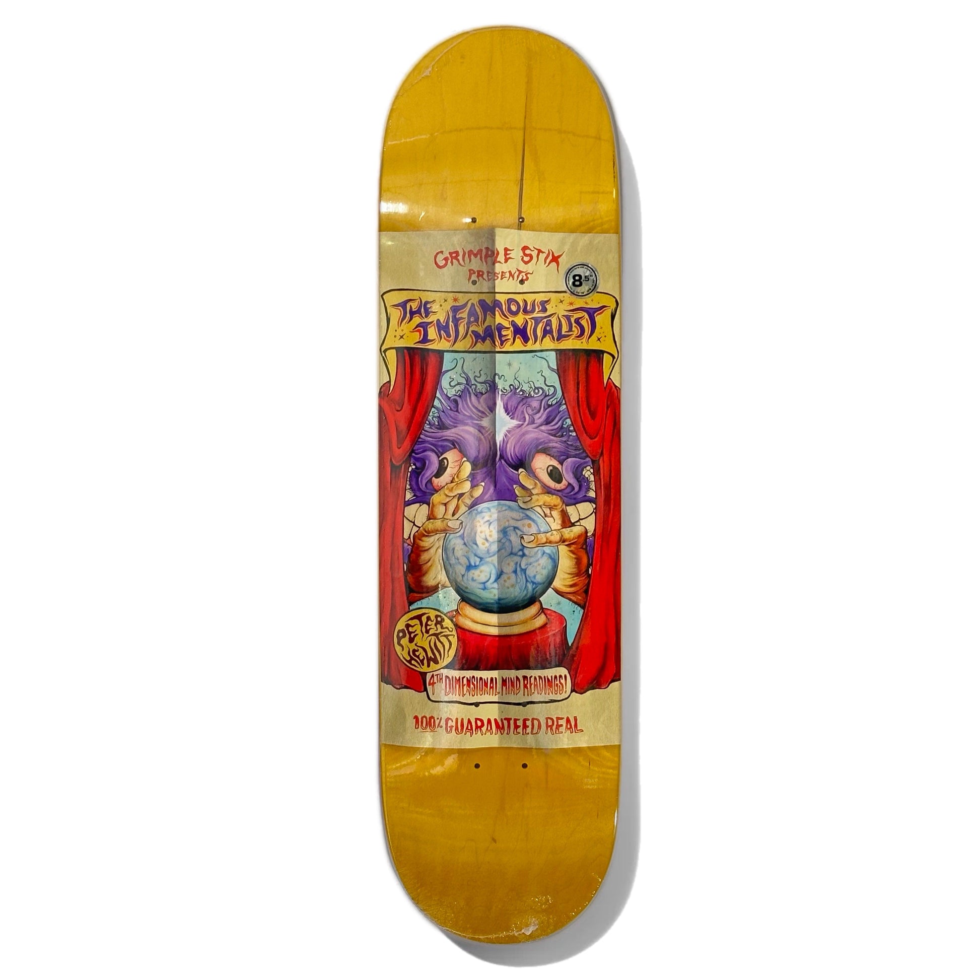 Grimple Stix Hewitt Slideshow Skateboard Deck; Yellow Background; Red; Yellow; Has Grimple Stix logo and 2 hands around an orb; Peter Hewitt; The Infamous Mentalist above the graphic;