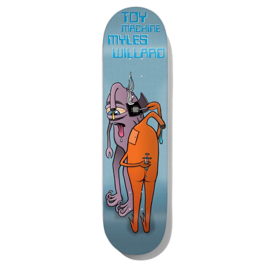 Toy Machine Myles Willard Brain Chip Skateboard Deck; skateboard deck with multitone blue background and illustrated graphic featuring two one-eyed creatures; one orange creature is operating on brain chip in the other creature’s head; lettering spells out “Toy Machine” and “Myles Willard”