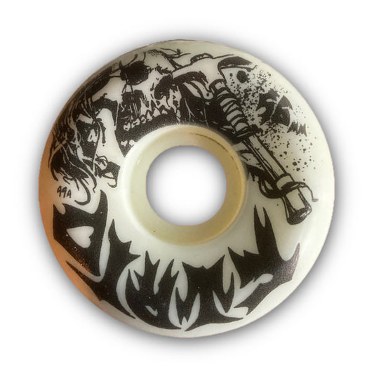 Dirty Pick Axe Skateboard Wheels; single white skateboard wheel with illustrated black graphic featuring skull and pick axe; text reads “Dirty” and “56mm”