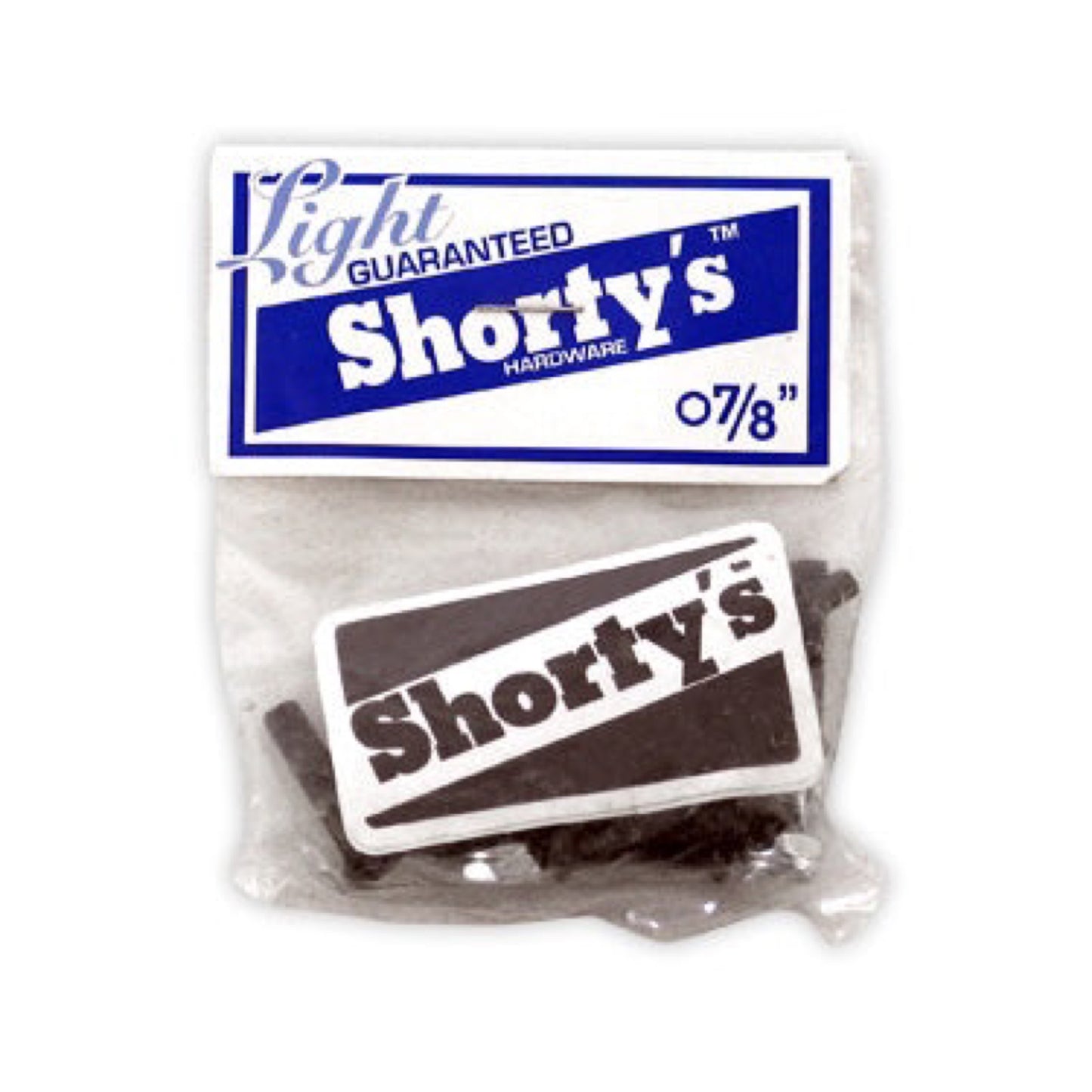 Shorty's Allen Skateboard Hardware; White and blue package with a clear display of the hardware; Includes allen key, bolts and nuts for skateboard assembly;