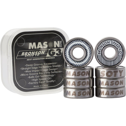 Bronson Speed Co. G3 Mason Silva Pro Skateboard Bearings; Clear package designed to showcase the bearings; Black label with white text for a sleek look; View of bearing shield with black and white stripe pattern; side view of bearing that reads "MASON" "SOTY"