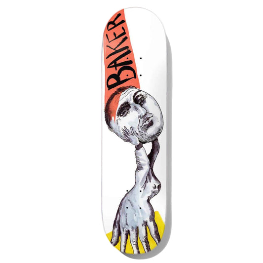 Baker Rowan Melted Skateboard Deck; White background; Illustrated graphic features black and grey abstract human hands and face holding another larger human face; Black text spells out “Baker” on swatch of coral color above the illustrated graphic
