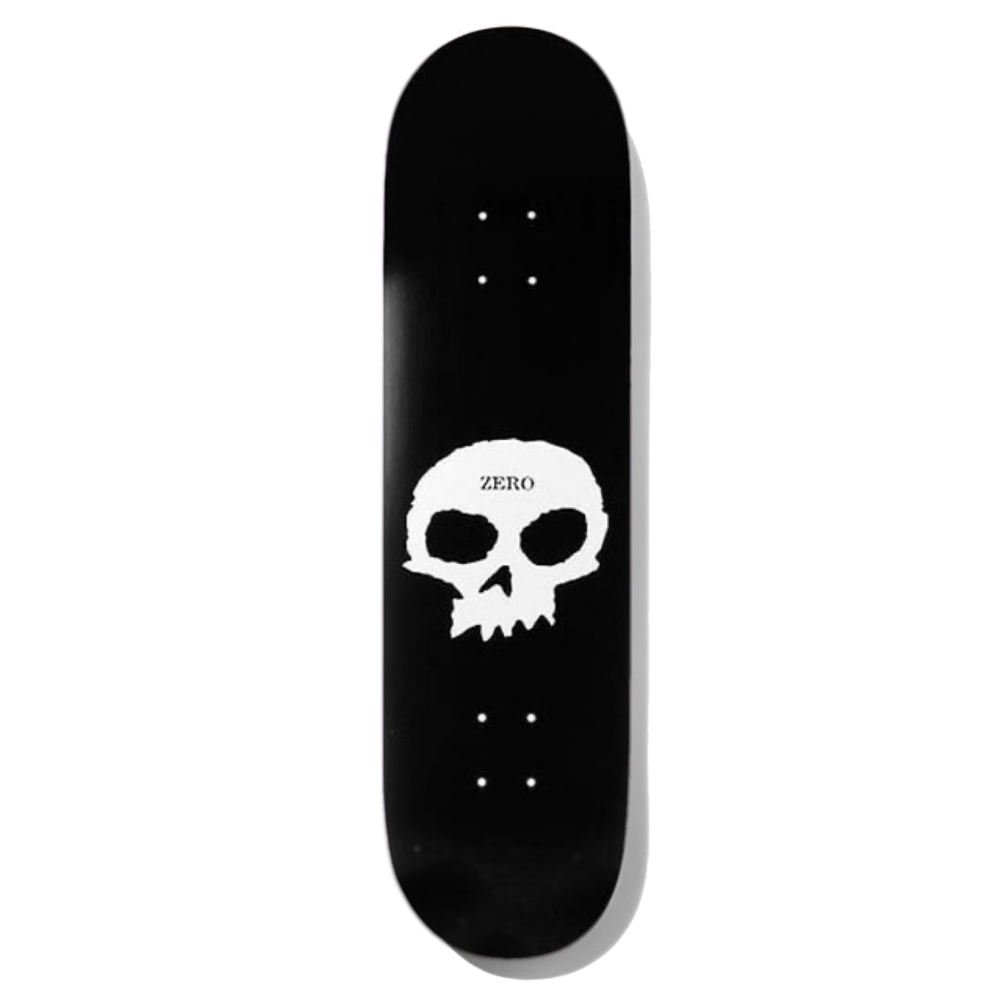 Zero Single Skull Skateboard Deck; Black background with illustrated graphic featuring white Zero skull logo in center