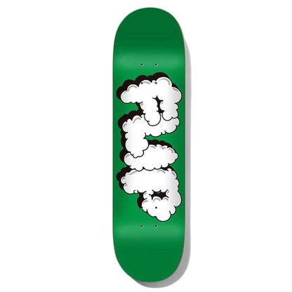 Green FLIP skateboard deck with white fluffy smoke style letters that spell "FLIP"; 