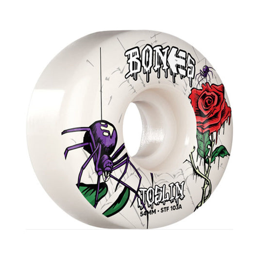Bones STF Joslin Etnies Collab V1 Skateboard Wheels; Side print features Bones logo and etnies logo with a graphic of a rose and a purple black widow spider; Durable construction for reliable performance and longevity; STF formula provides excellent speed, grip, and slide characteristics;