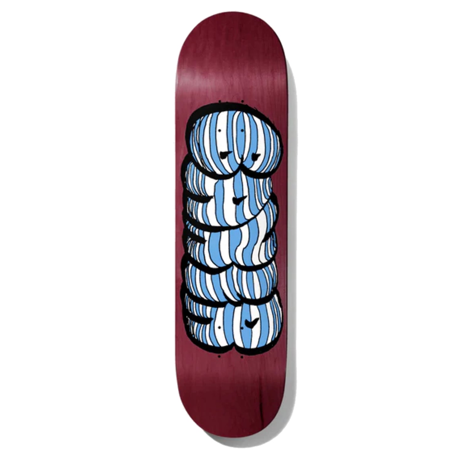 Baker Rowan Bubbler Skateboard Deck; Burgundy background with blue and white striped text spelling out "Baker" in big bubble letters