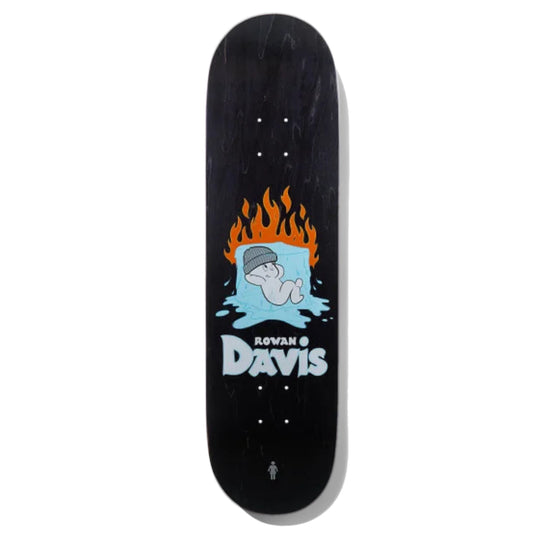 Girl Rowan Davis Pro Skateboard Deck; Rowan Davis Pro Model; Ghost looking figure laying on an ice cube that is on fire; Black stain; blue; orange;