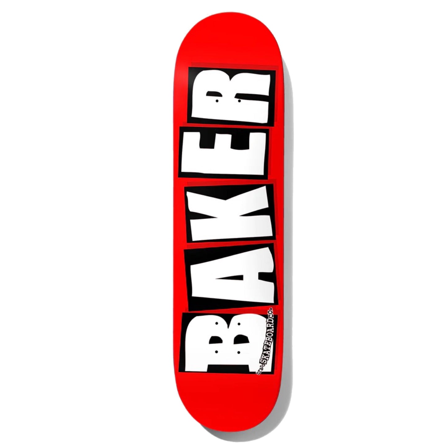 Baker Team Logo Skateboard Deck; Red background; Lettering spells out “Baker” in classic Baker logo which consists of white letters framed in black rectangles; smaller white and black text spells out “brand Skateboard Co.”