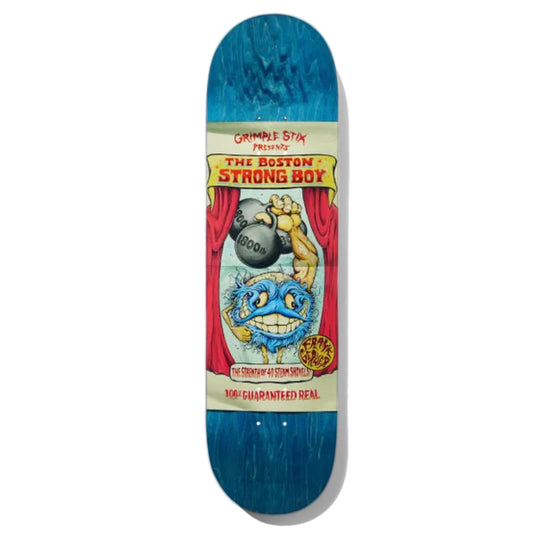 Blue Grimple Stix Gerwer Slideshow Skateboard Deck; Frank Gerwer; The Boston Strong Boy; Grimple Stix logo creature holding weights above head; red curtain;