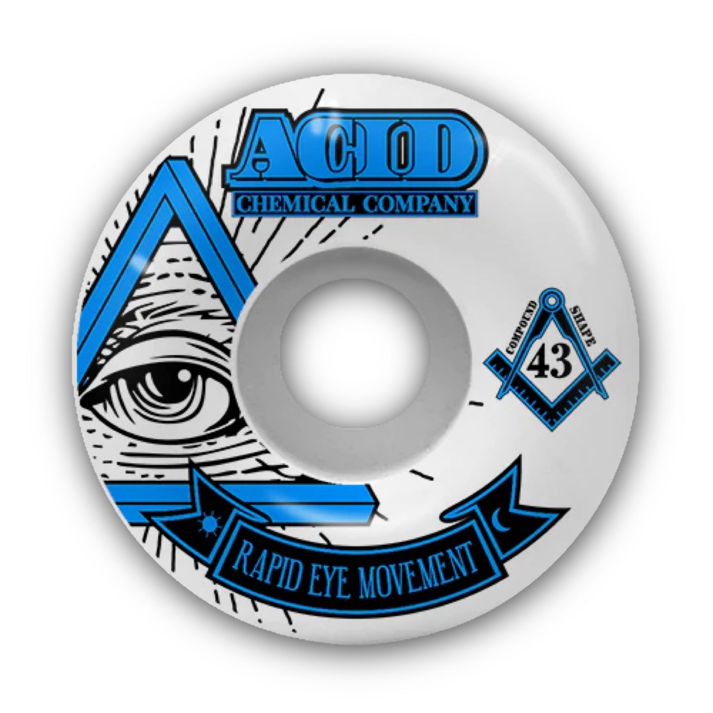 Acid Chemical Co. Pyramid REM Formula Skateboard Wheels; White skateboard wheels with a blue side print; Side print graphic features an eyeball inside a triangle and the text Rapid Eye Movement; Blue lettering also spells out “Acid Chemical Company”
