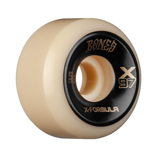 Bones X-Formula X-Ninety-Seven V6 Skateboard Wheels; Natural urethane colored wheels for a classic look; Black side print with gold text adds a touch of elegance; Durable construction for reliable performance and longevity; X-Formula provides excellent speed, grip, and slide characteristics;