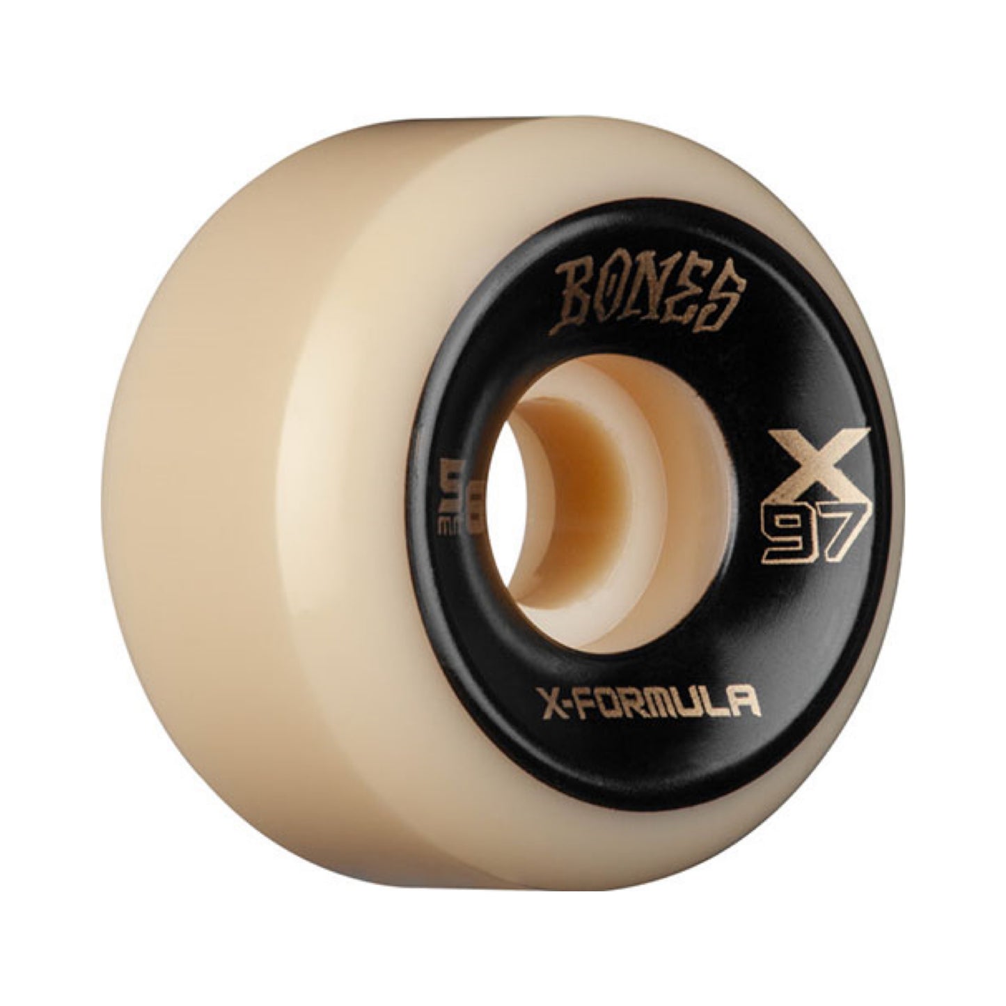 Bones X-Formula X-Ninety-Seven V6 Skateboard Wheels; Natural urethane colored wheels for a classic look; Black side print with gold text adds a touch of elegance; Durable construction for reliable performance and longevity; X-Formula provides excellent speed, grip, and slide characteristics;