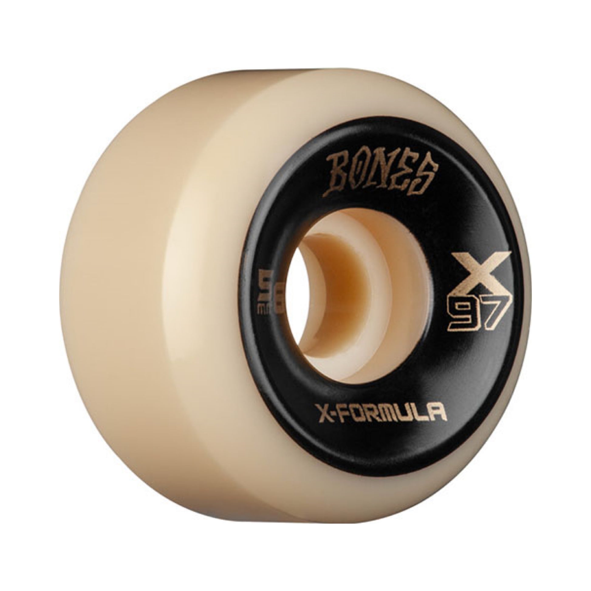 Bones X-Formula X-Ninety-Seven V6 Skateboard Wheels; Natural urethane colored wheels for a classic look; Black side print with gold text adds a touch of elegance; Durable construction for reliable performance and longevity; X-Formula provides excellent speed, grip, and slide characteristics;