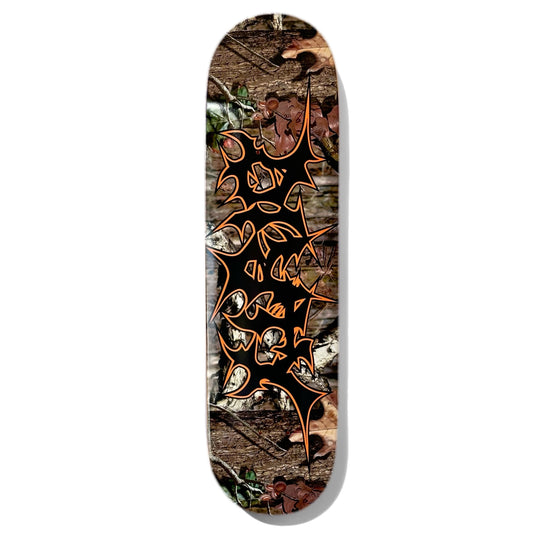 Dirty Camo Skateboard Deck; skateboard deck with photorealistic leaves and tree bark as background with black and orange artistic lettering that spells out “Dirty”