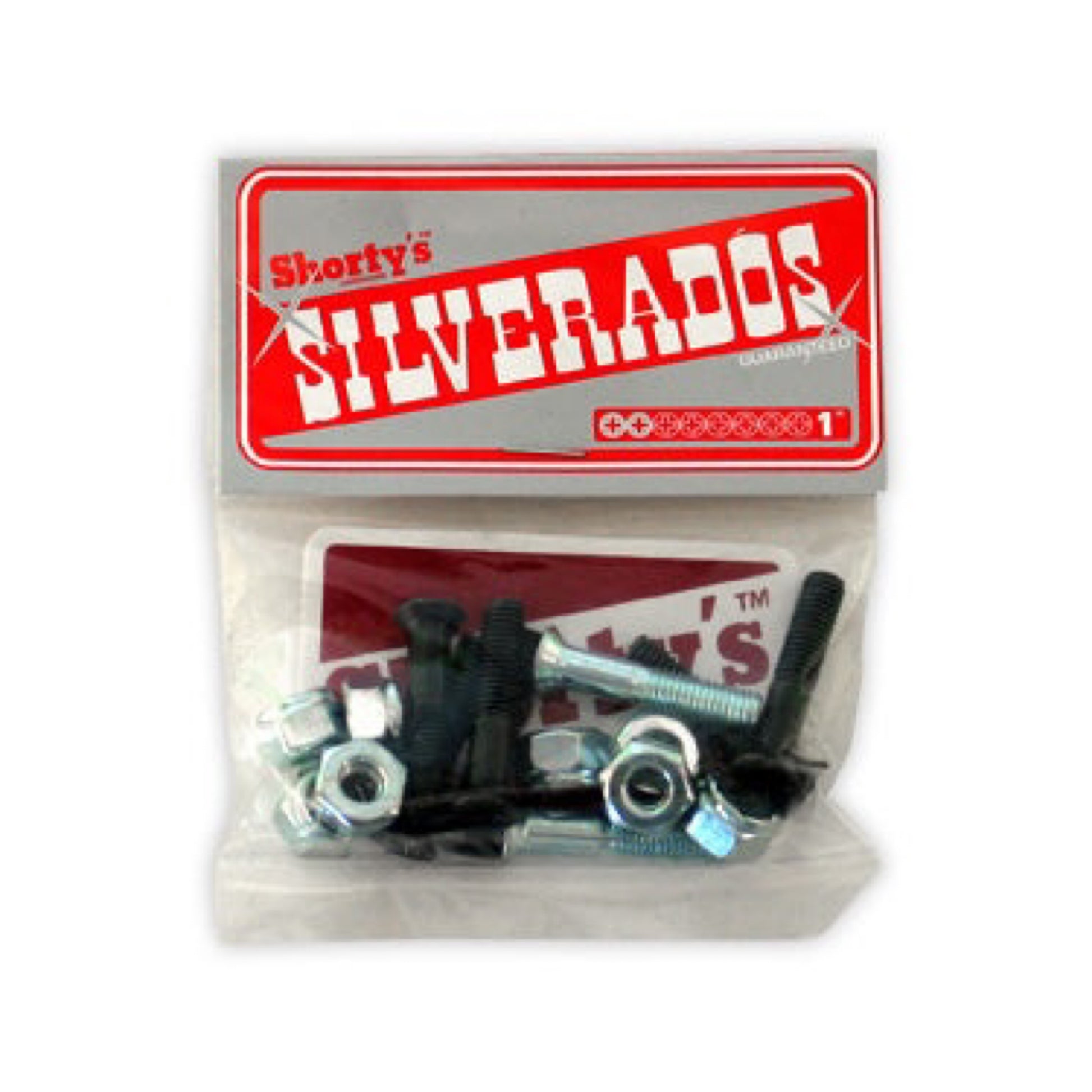 Shorty's Silverados Phillips Skateboard Hardware; Silver and red package with a clear portion for displaying the hardware; Includes silver and black bolts and nuts for skateboard assembly;