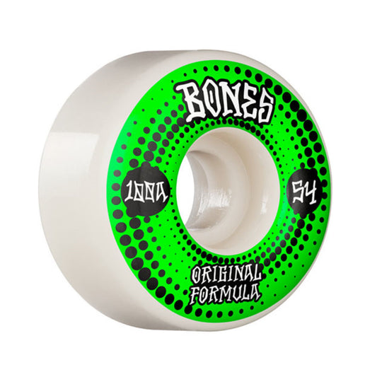 Bones 100s OG Originals V4 Skateboard Wheels; White wheels with a green side print and Bones logo; Original formula for tried and true performance; Durable construction for reliable speed, grip, and slide;