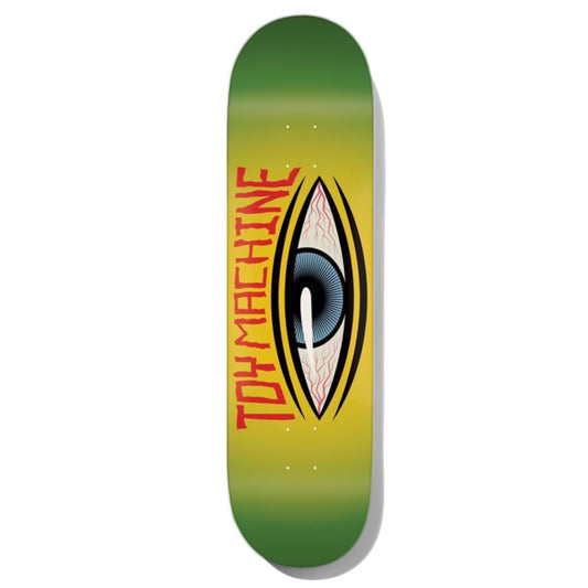 Toy Machine Team Future Skateboard Deck; skateboard deck with yellow and green background and illustrated graphic featuring bloodshot human eye; red lettering spells out “Toy Machine” 