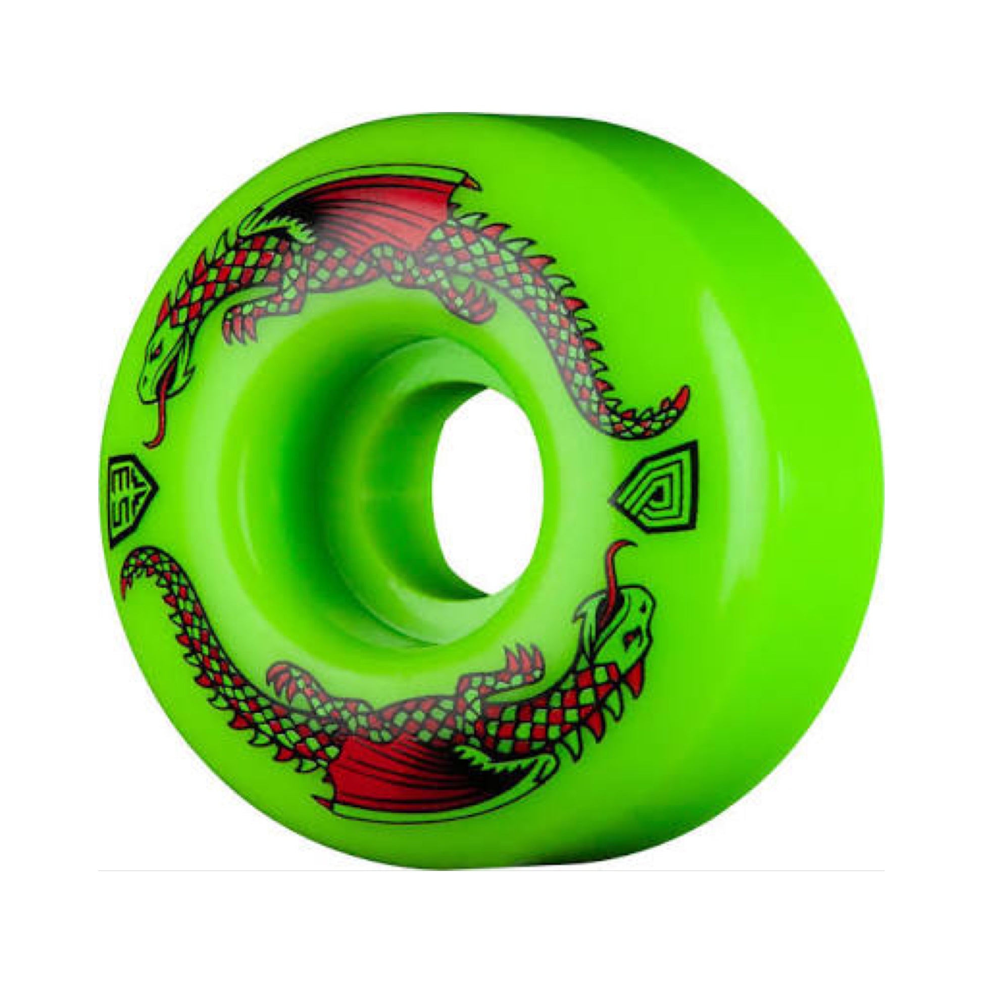 Powell Dragon Formula Skateboard Wheels; Neon green wheels with a green and red dragon on the side print; Eye-catching dragon graphic adds a unique and bold touch;