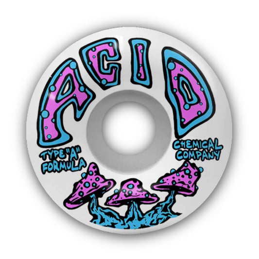 Acid Chemical Co. Shrooms Type A Formula Skateboard Wheels; White wheels with a blue and purple side print; Graphic features three mushrooms and the text "Acid" in a psychedelic bubbly style; Other smaller lettering reads “Chemical Company” and “Type ‘A’ Formula”