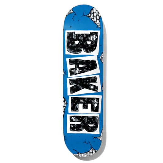 Baker Casper Bricks Skateboard Deck; Blue background with black and white classic Baker style letters spelling out "Baker"; Exposed brick pattern in letter and background; Striking design for a bold and urban-inspired skateboard deck;