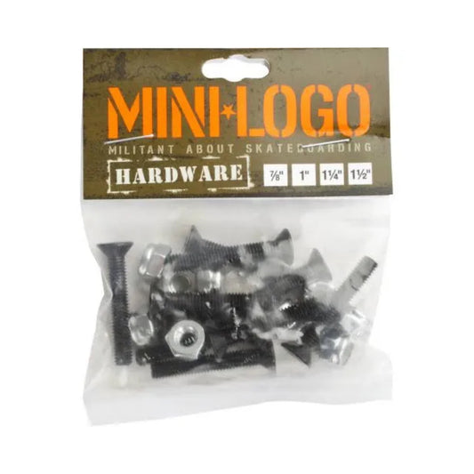 Mini Logo Mounting Skateboard Hardware; Olive green package with orange Mini Logo text; Clear display of the hardware for easy visibility; Includes bolts and nuts for securely mounting skateboard trucks to the deck;