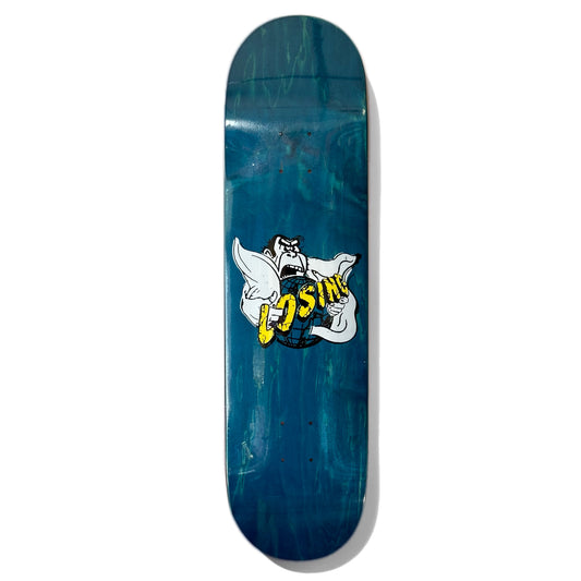 Losing Gorilla Skateboard Deck; Blue background; Illustrated multicolored (black, yellow, white) graphic features gorilla type creature holding a globe with yellow lettering that spells out “Losing” across the front of the graphic 