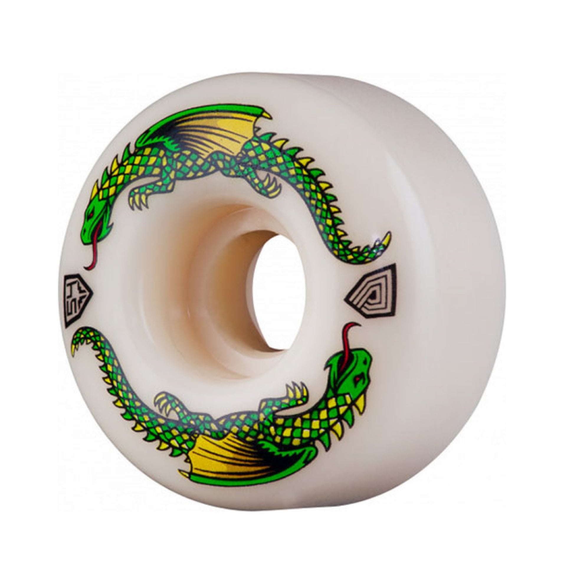 Powell Dragon Formula Skateboard Wheels; White wheels with a green and yellow dragon on the side print; Eye-catching dragon graphic adds a unique and bold touch;