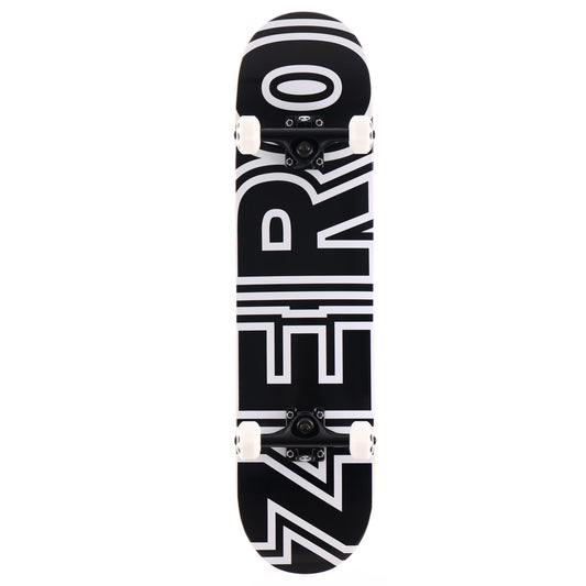 Zero Team Bold Complete Skateboard; skateboard deck with black background and large, bold lettering spelling out “Zero” across full length of board; skateboard has black trucks with white wheels 