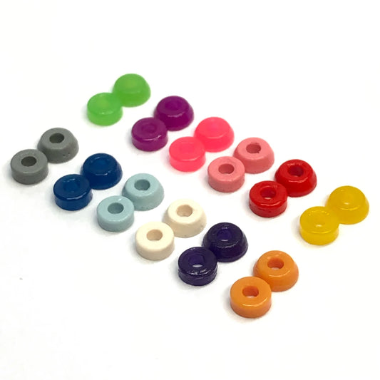 Level Up Beta Bushings for Fingerboard Trucks; Available in a variety of colors; Gray, Green, Dark Blue, Purple, Light Blue, White, Pink, Pale Pink, Royal Purple, Orange, Yellow, and Red; Designed to enhance the performance and responsiveness of fingerboard trucks; Provides a customized feel and improved maneuverability;
