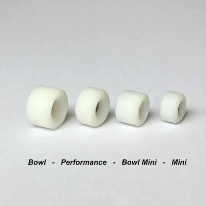 White PIRO Fingerboard Wheels; Crafted from high-quality urethane material; Designed specifically for optimal performance during fingerboarding; Provides a smooth and consistent ride; All Shapes displayed to show different dimensions;