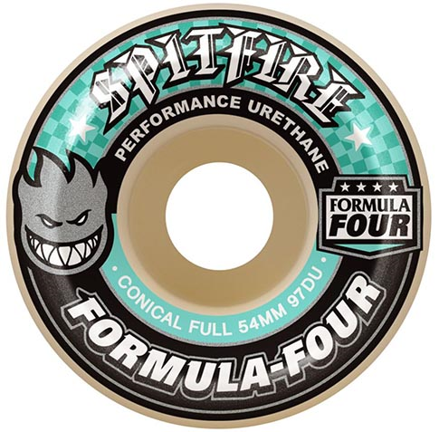 Spitfire Formula Four Conical Full Skateboard Wheels; Off-white color wheels with a light green side print featuring a small Spitfire logo on a checkerboard background; Spitfire text and stars add to the graphic design;