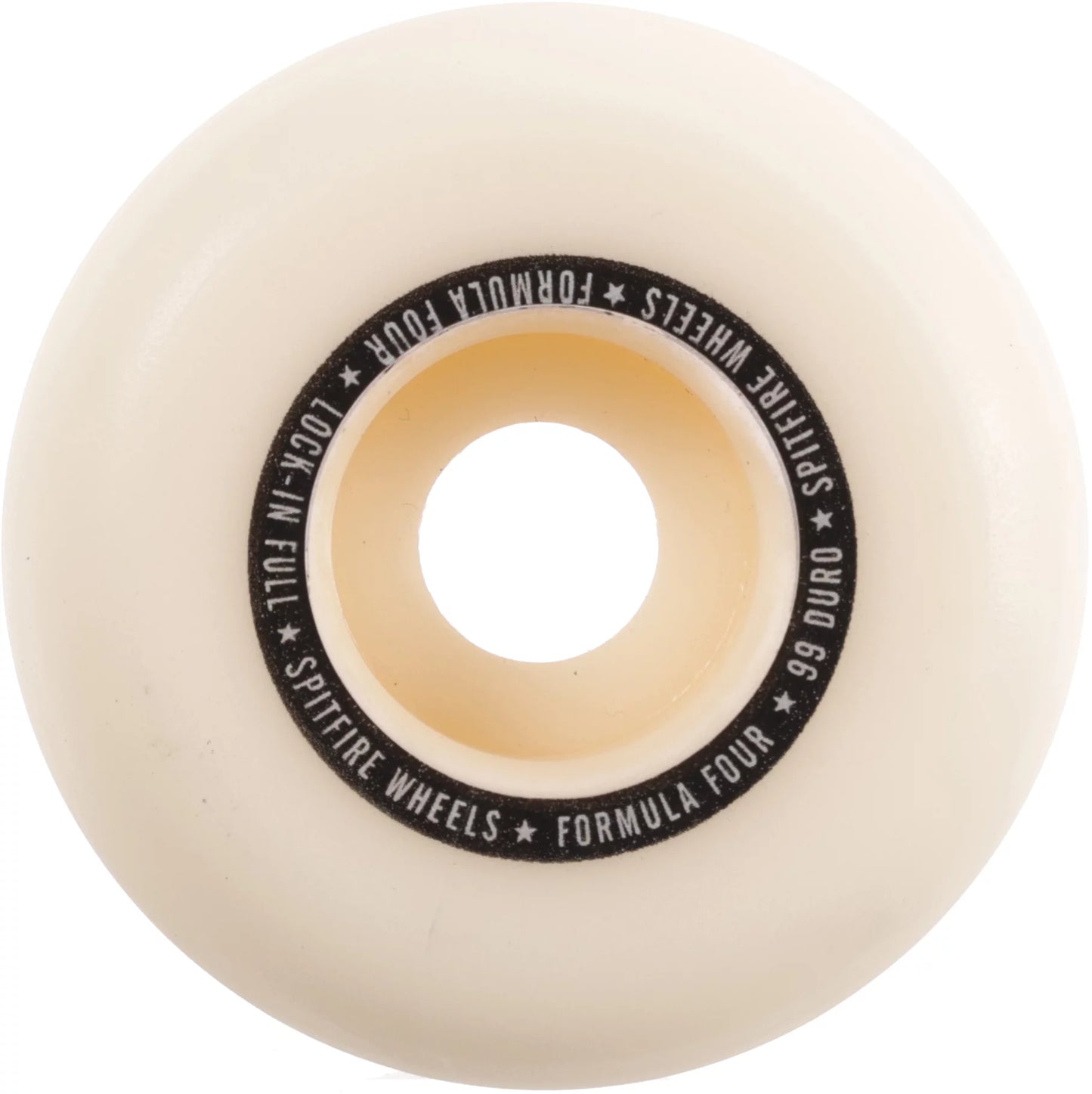 Spitfire Formula Four Lock-In Full Skateboard Wheels; Off-white color wheels with a black side print; Side print features text separated by tiny stars; Durable construction for reliable performance and long-lasting use;