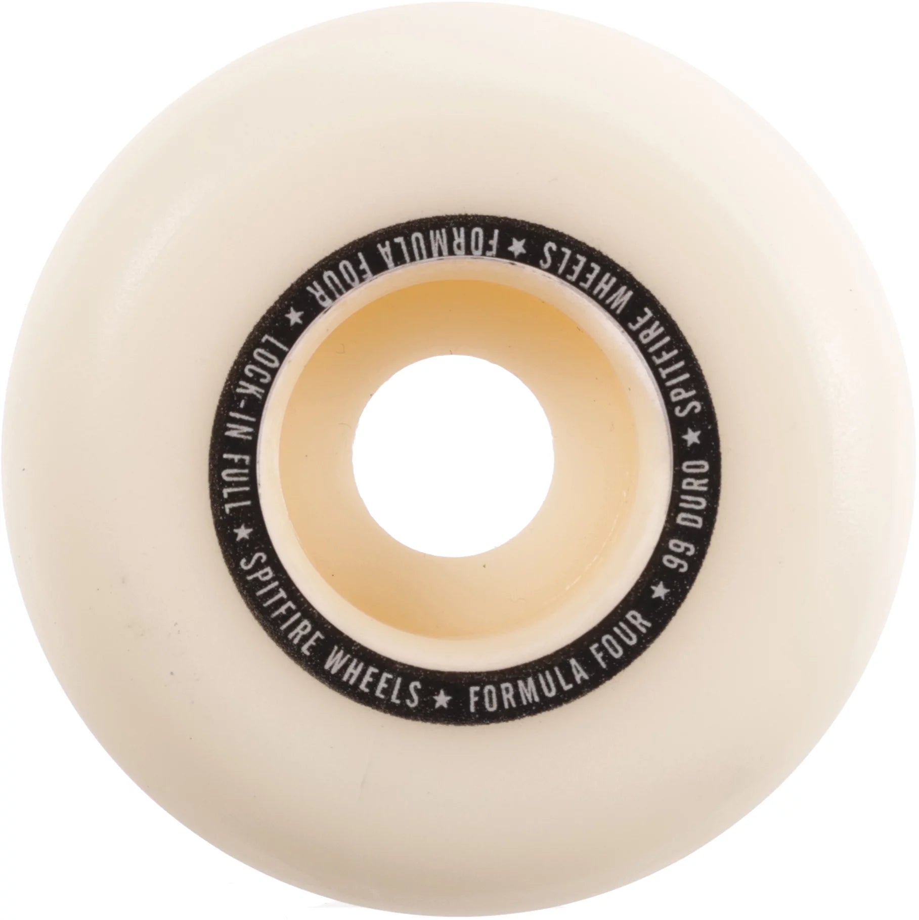 Spitfire Formula Four Lock-In Full Skateboard Wheels; Off-white color wheels with a black side print; Side print features text separated by tiny stars; Durable construction for reliable performance and long-lasting use;