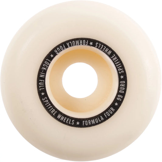 Spitfire Formula Four Lock-In Full Skateboard Wheels; Off-white color wheels with a black side print; Side print features text separated by tiny stars; Durable construction for reliable performance and long-lasting use;